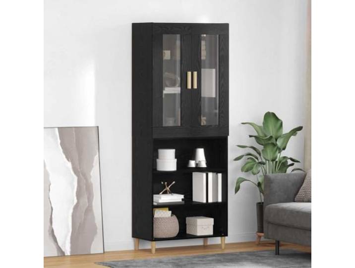 RJPLMFV Oberer Schrank Eiche Schwarz 69,5 x 34 x 180 cm Moderne Anrichte, Holz, Scharniertüren, verstellbare Regale, sicher