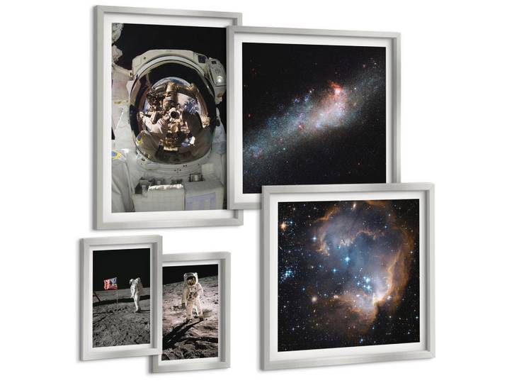 BILDER SET 5er Set - 50x50 cm & 20x30 cm & 40x60 cm Silberner Rahmen - Astronauten landen auf dem Mond