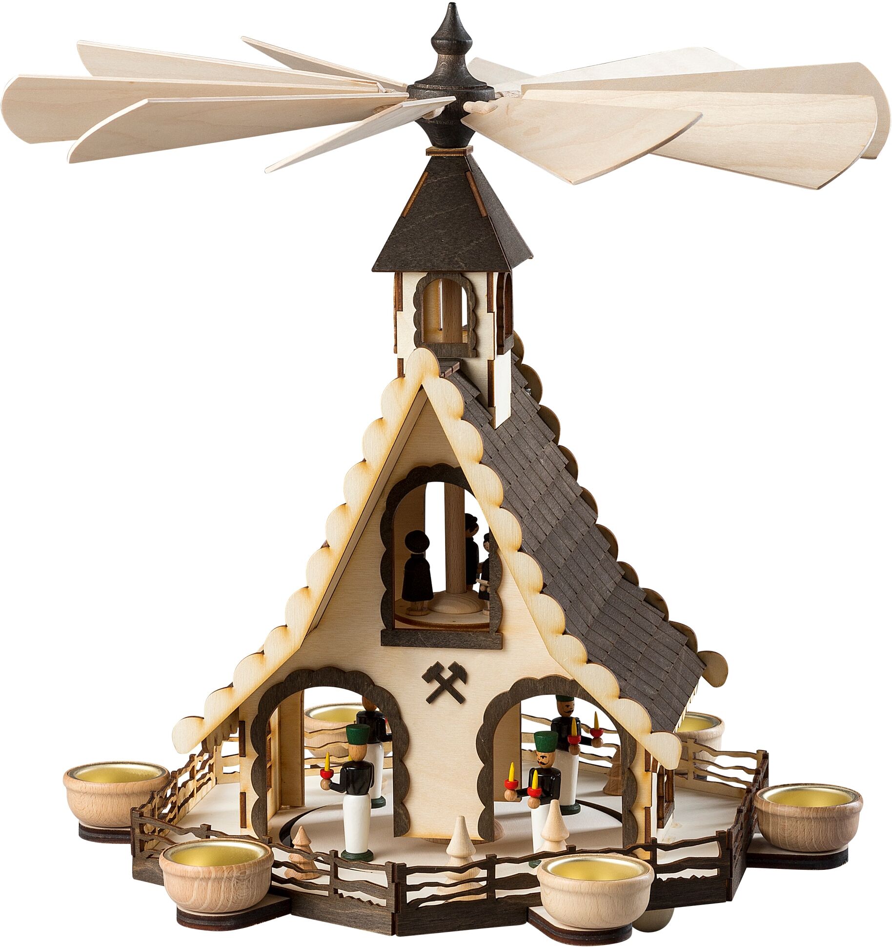 Weihnachtspyramide SAICO ORIGINAL "Hauspyramide, Bergmänner", beige (natur), B:40cm H:47cm T:40cm, Holz teilmassiv, Holzwerkstoff, Weihnachtspyramiden, Weihnachtspyramide, für 6 Teelichte, HxØ: 47x40cm
