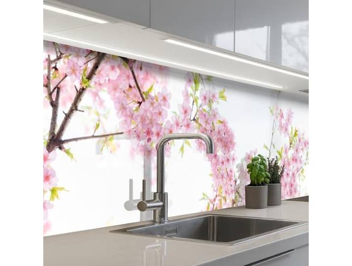 KitchenYeah© Spritzschutz Küche Küchen Rückwand Küchendeko Wand Wandschutz 60x300 cm - Selbstklebend Backsplash Kitchen Peel And Stick Kirschblüte - Rosa - Blumen - Sakura - Natur