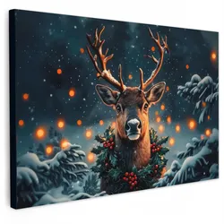 LEINWANDBILD Hirsch - Weihnachten - Winter - Schnee - Weihnachtskranz Wanddeko 90x60 cm