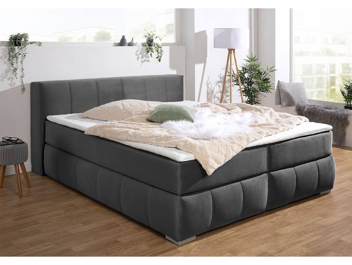 Boxspringbett, Samtoptik, Grau (Schiefer), 187×225 cm, Mit Kaltschaumtopper, Klassisch, Home Affaire