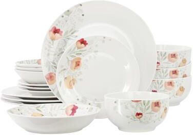 Elama Poppy 16 Piece Porcelain Double Bowl Dinnerware Set, Service for 4