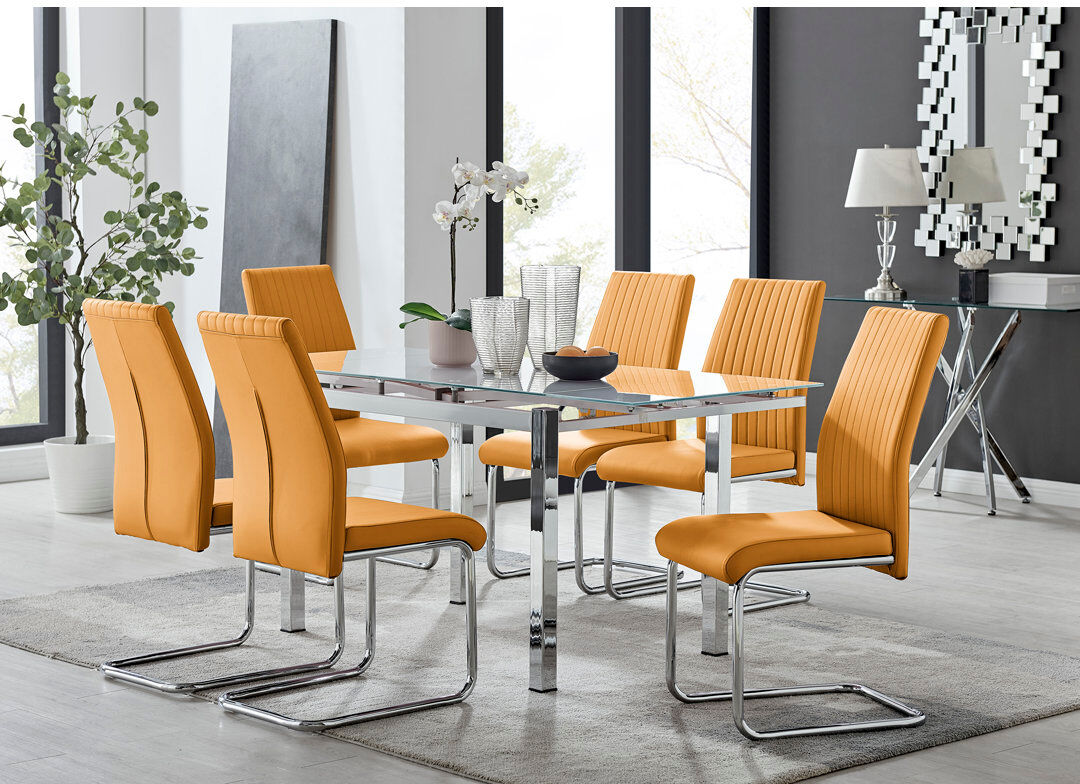Mercury Tierra Modern Glass & Metal Extendable Dining Table Set & 6 Luxury Faux Leather Dining Chairs Mustard 6