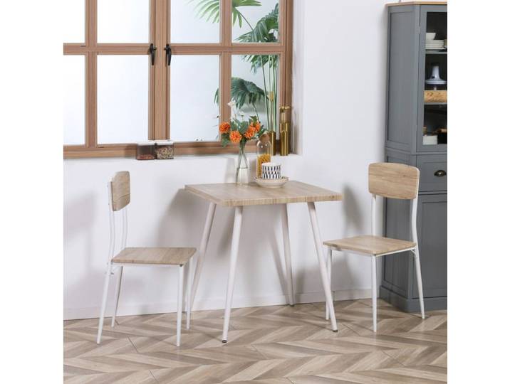 SENVIRO Ensemble repas 3 pièces table carrée 70 x 70 x 76 cm MDF et métal naturel et blanc