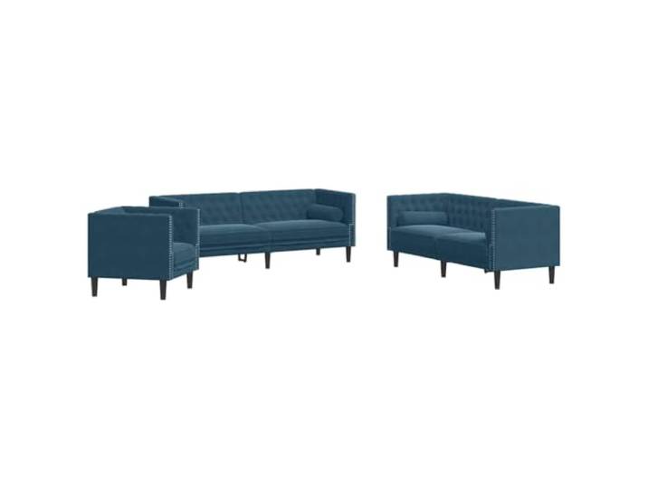 Coespram Chesterfield Sofa Set 3-teilig Polstergarnitur Samt Blau Klassische Steppung mit dicker Schaumstoff-Polsterung und vier bequemen Kissen für elegantes Wohnzimmer-Ambiente.