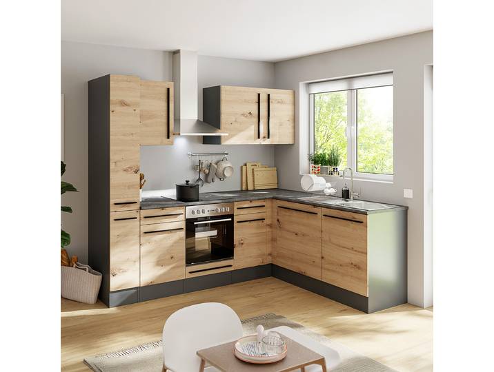 Cuisine équipée d’angle 250cm Marron/Imitation chêne Artisan Sans électroménager