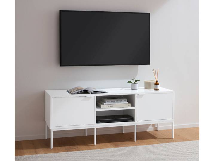 TV-Schrank S.OLIVER Kallby , weiss (weiß), B:140cm H:54cm T:40cm, Eisen, FSC-zertifizierter Holzwerkstoff, MDF, Schränke, TV-Schrank, lackiertes MDF, Kabelmanagement, Soft-Close Funktion, Breite 140 cm