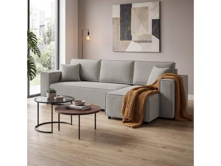 Ecksofa NEAPOL mit Schlaffunktion, Universal Ottomane, Cappuccino (Poso 02) ausziehbar auf Rollen, komfortable Wellenfederung, Cord Stoff