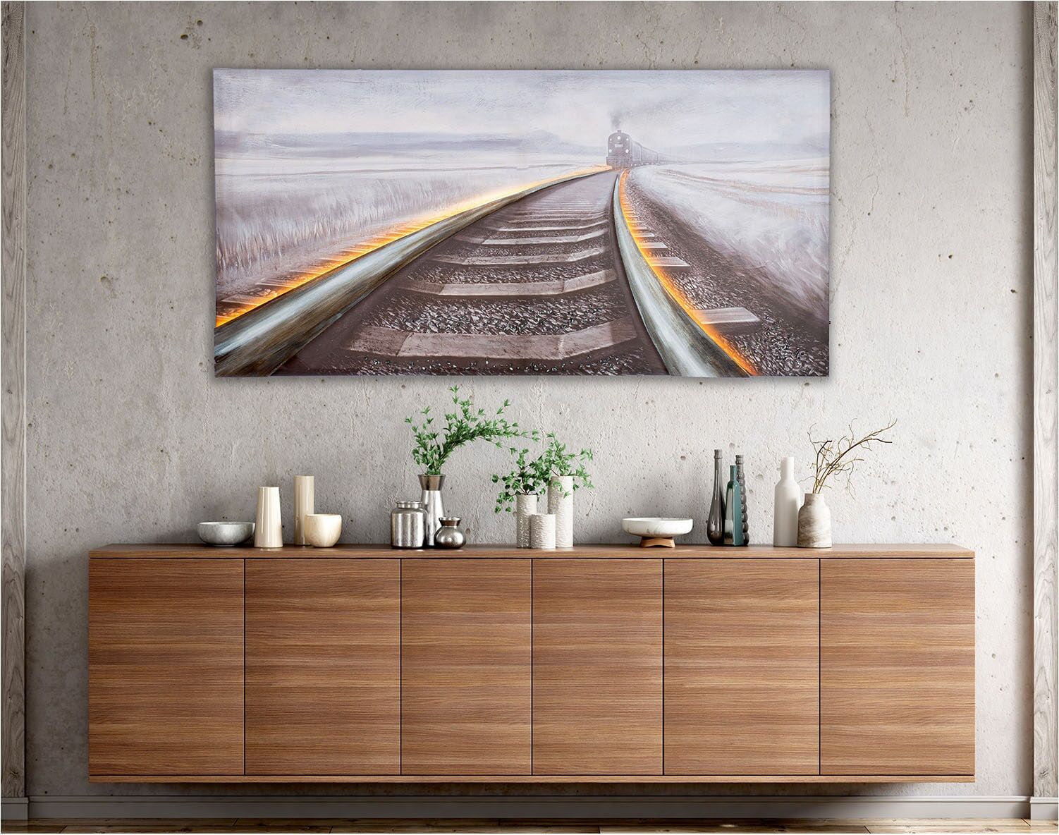 Metallbild GILDE "Bild rechteckig Railroad", grau (farbe bild(er): mehrfarbig), B:140cm H:70cm T:5cm, Poly-Leinwand, Bilder, Metallbild farbe bild(er): mehrfarbig B/H/T: 140cm x 70cm x 5cm, Landschaft, 1 Stk.