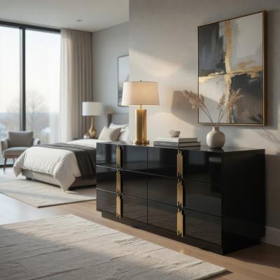 Benjara Cid Inji Dresser, 6 Drawers w Vertical Handles, 66 Inch, Glossy Black Wood