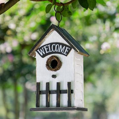 "Glitzhome 11""H Washed White Solid Wood Fence Outdoor Garden Birdhouse"