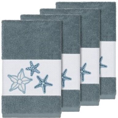 Authentic Hotel and Spa Teal Blue Turkish Cotton Starfish Embroidered Hand Towels (Set of 4)