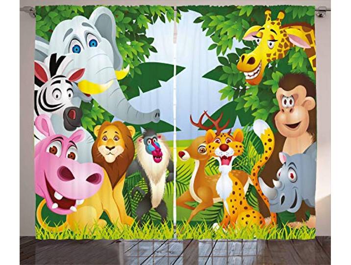 ABAKUHAUS Kindergarten Rustikaler Vorhang, Safari-Dschungel Lustig, Wohnzimmer Universalband Gardinen mit Schlaufen und Haken, 280 x 175 cm, Grün Gelb