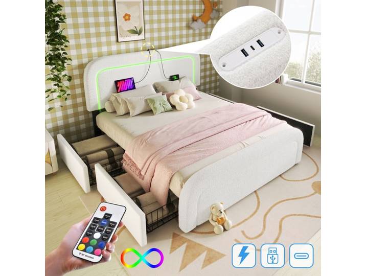 BEL Lit Double 160x200cm Blanc Sherpa LED USB-C 4 Tiroirs Tête Réglable Sans Matelas