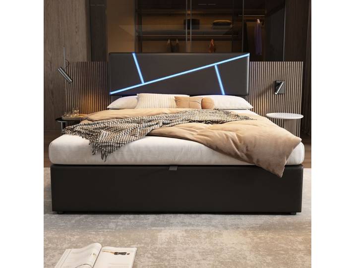 Lit coffre 140x200 simili cuir noir LED RGB App + mode musique sommier 26 lattes sans matelas