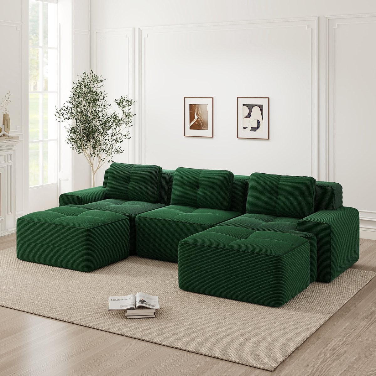 Modulaire Corduroy Cloud U-vormige Hoekbank met Voetenbank en Diepe Zit - Groen