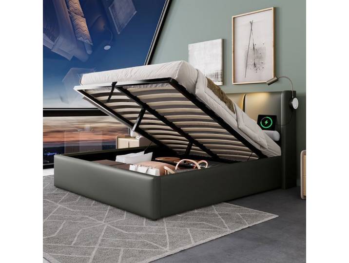 Lit double coffre adulte rembourré 140x200cm - Gris - PU - Tête de lit avec lampe de lecture