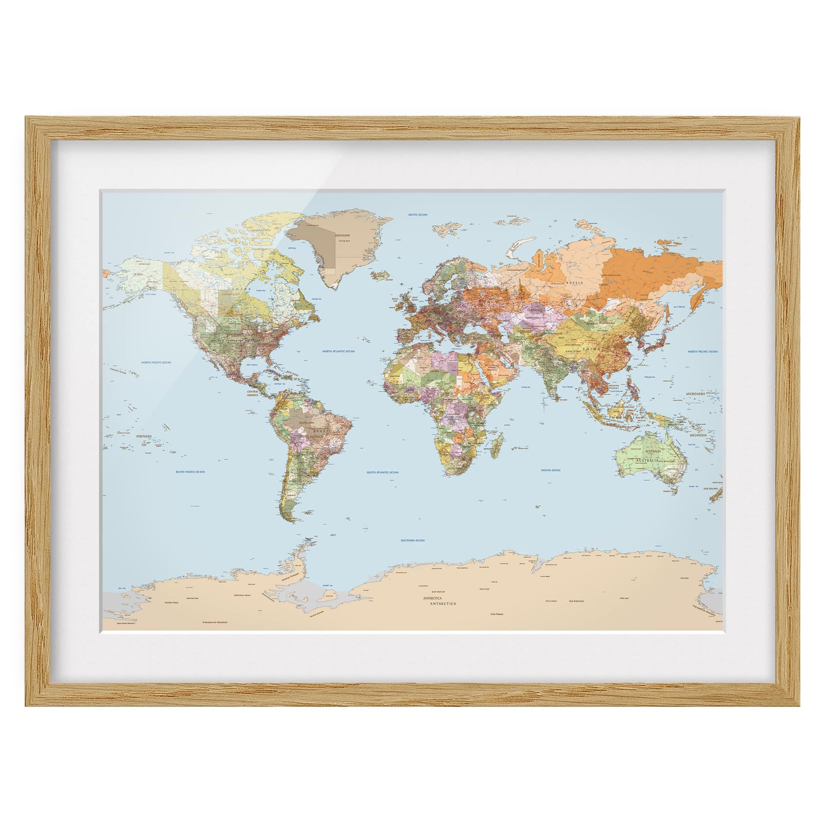 home24 Politieke Wereldkaart IV Wanddecoratie, Massief Eikenhout, Multicolour, 55 x 40 cm