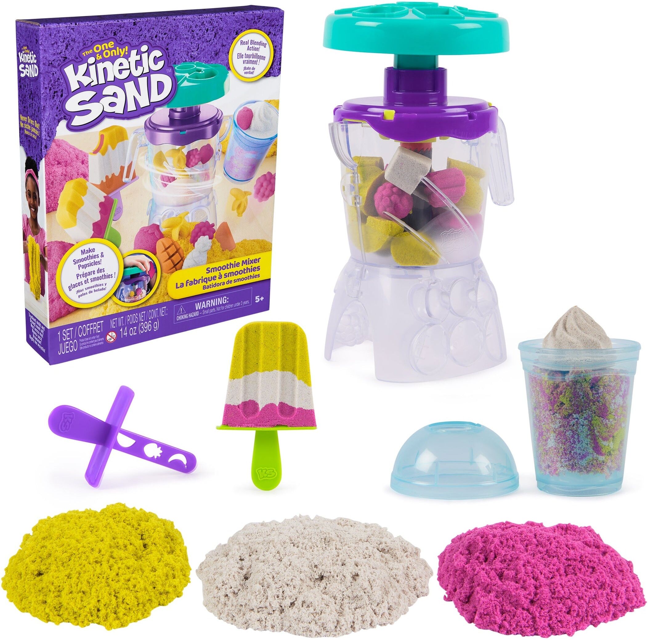 Spin Master Kinetic Sand Smoothie Mixer Playset with 396g Sand for Kids - Pink, Yellow, White - Reusable Kinetic Sand - Ages 3 and Up