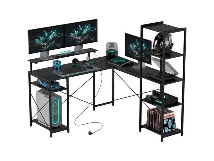 Plaque épaissieBureau table d'ordinateur en L 137 x 140 x 139 5 cm Bureau d'angle avec 6 étagères table de bureau avec support d