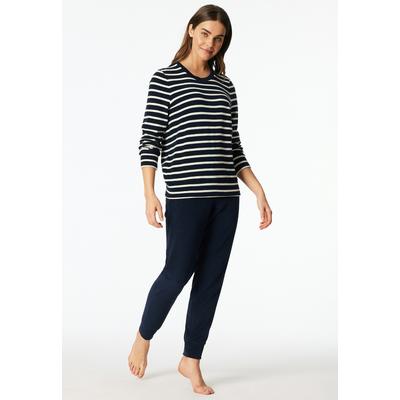 Schlafanzug SCHIESSER "Casual Essentials", Damen, Gr. 40, blau (nachtblau), Frottee, Obermaterial: 80% Baumwolle, 20% Polyester, bequem lang, Rundhals, Homewear-Sets Schlafanzug, wärmende Frottee-Qualität, Rundhalsausschnitt, langärmelig