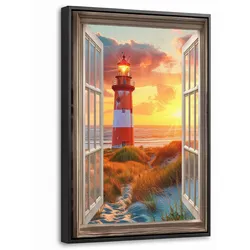 LEINWAND Bilder mit Rahmen - Aussicht - Fenster - Leuchtturm - Sonnenuntergang - Strand - 20x30