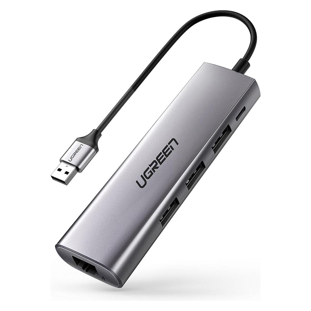 Ugreen CM266 Hub Adapter 5in1 USB, 3x USB 3.0, micro USB, RJ45 (gray) (USB-A, 5 Ports) (60812)