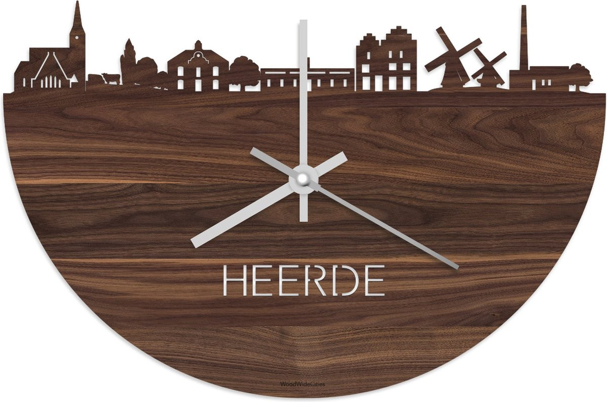 WoodWideCities Skyline Klok Heerde - Notenhout - Ø 40 cm - Analoge wandklok met stil uurwerk