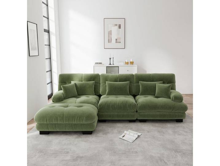 Canapé d'angle - KOMHTOM - Cloud L - 3 places - Chenille vert - Ottoman modulable