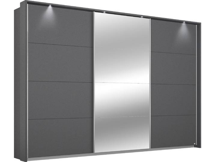 Schwebetürenschrank, Holzwerkstoff, Graumetallic, 278×214×64 cm, Mit Beleuchtung, Klassisch, Rauch
