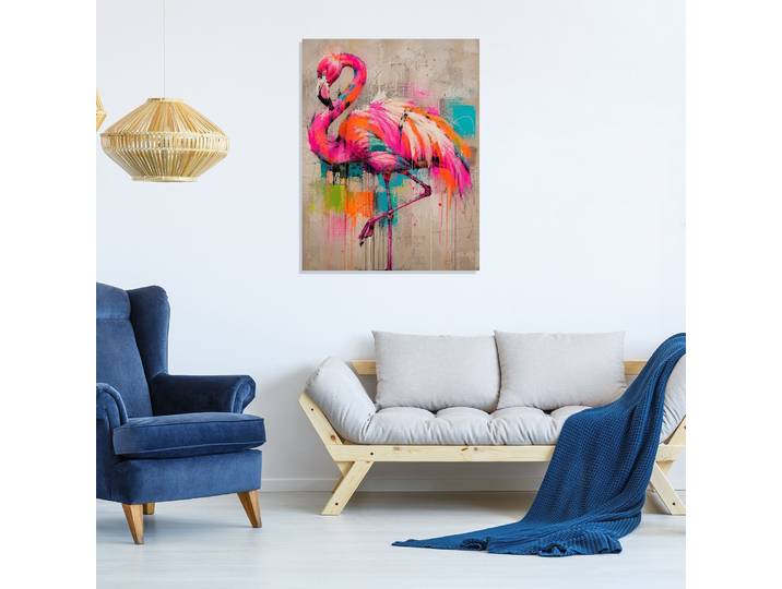 Acrylglasbild QUEENCE Urban Art Bunter Flamingo , farbe bild(er): beige,gelb,blau,schwarz,grau,orange,rot, B:40cm H:60cm, Acrylglas, Bilder, Acrylglasbild, Wandbild Wohnzimmerdeko buntes Tiermotiv Abstrakte Kunst