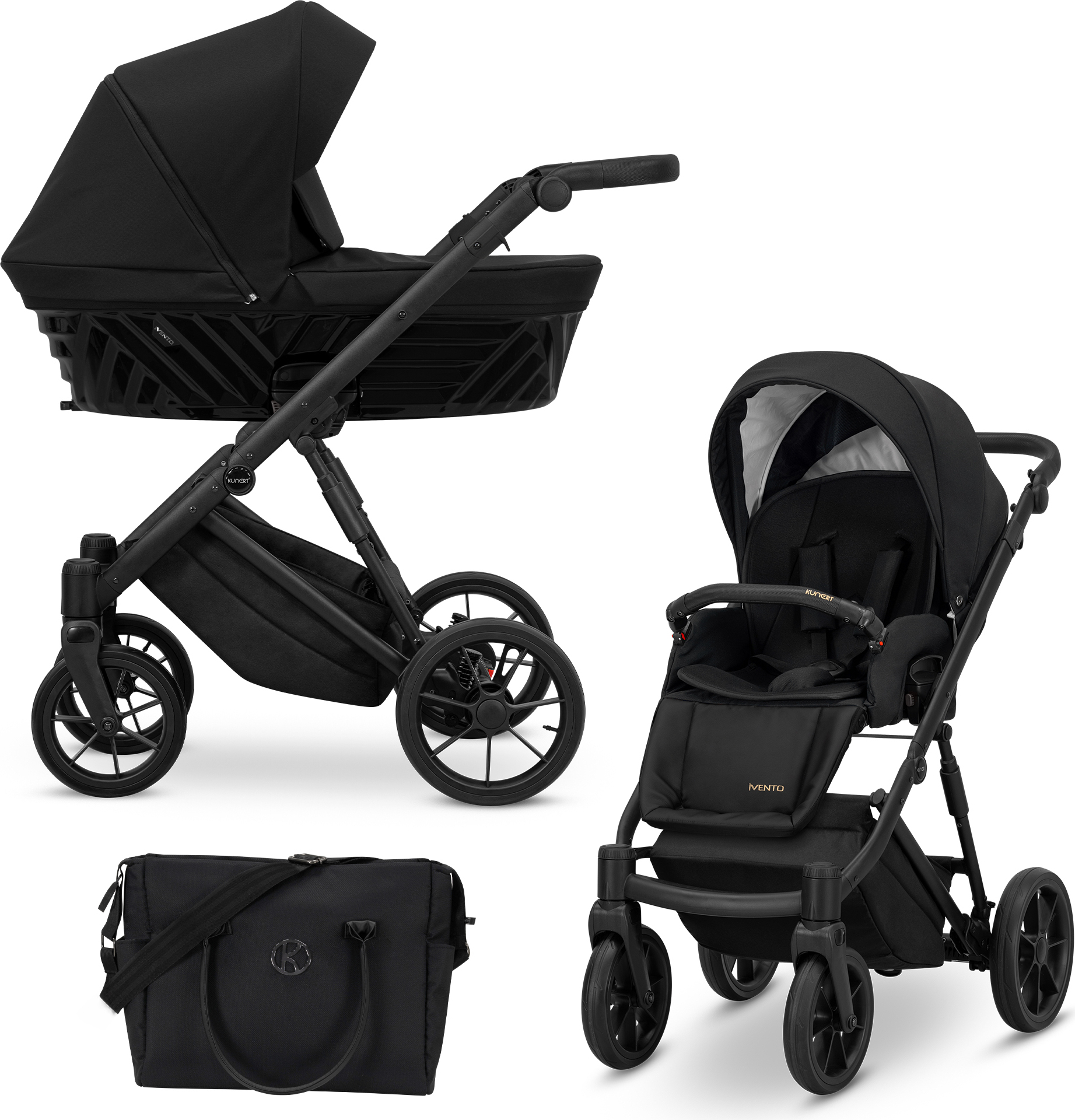 Kinderwagen IVENTO Sportwagen Babywagen Babyschale Komplettset Kinder Wagen Set 2 in 1 (Deep Black, Rahmenfarbe: Schwarz)