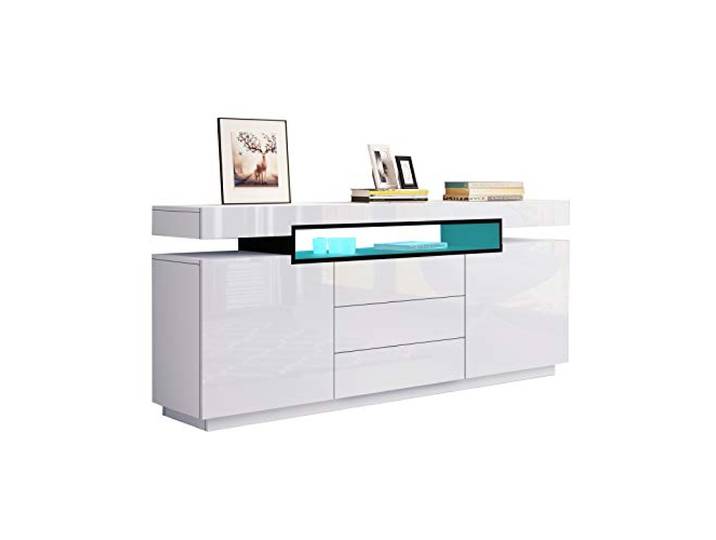 Sideboard Weiss Hochglanz mit Led Lights Sideboard mit 2 Türen 3 Schubladen 16 wechselnde Farben und 4 Modi, 160cm, Küchen Kommode Schrank, Holz TV-Ständer Schrank für Wohnzimmer, Esszimmer