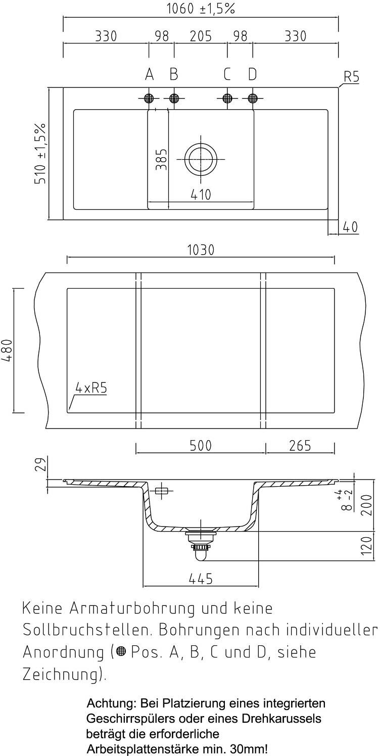 Systemceram Keradomo Mera Middle Einbauspüle mit Handbetätigung, ohne Hahnlochbohrung, Küchenspülen, 507301-85, schiefer - B: 106 T: 51 H: 20 cm - schiefer