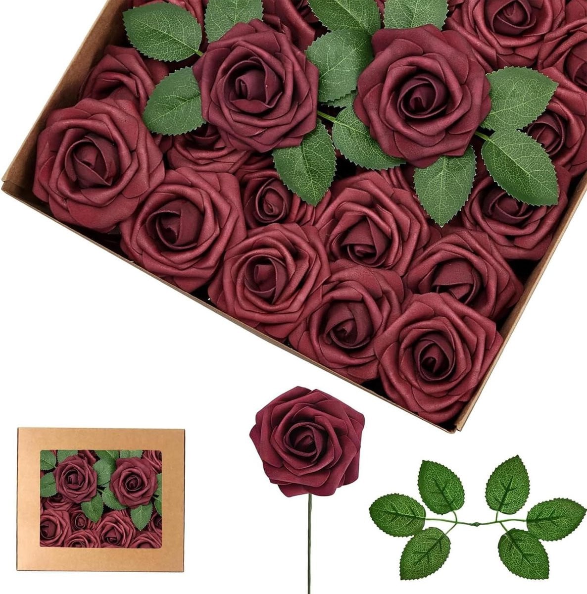25 stuks Kunstrozen met stelen - Bordeauxrood - Schuimrozen voor decoratie