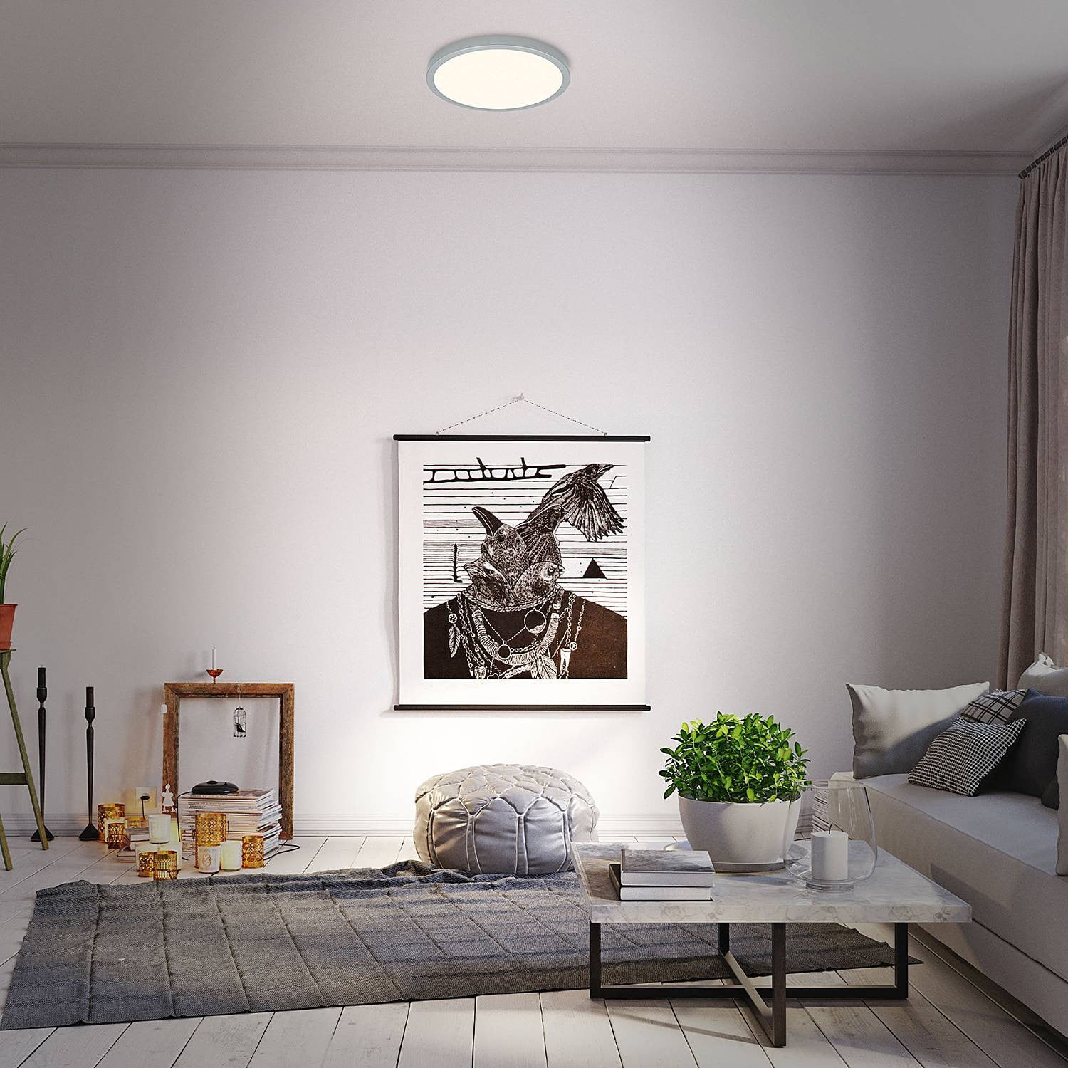 home24 LED-plafondlamp Runa IV, zilver/wit, Ø 38 cm