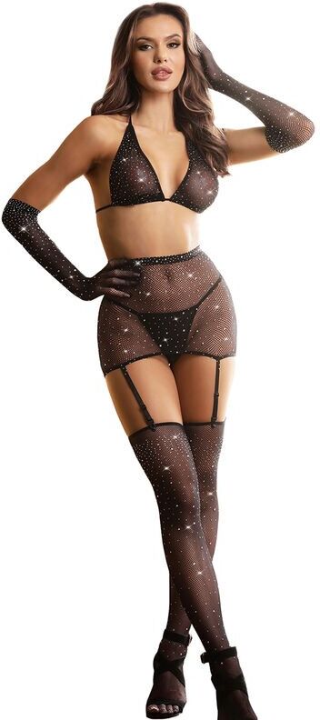 SUBBLIME bodystocking resille avec gants et diamants noir taille unique