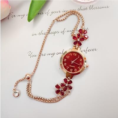 Fusion Finds Elegant Women's Quartz Watch With Floral Diamond Accent & Adjustable Drawstring Bracelet red