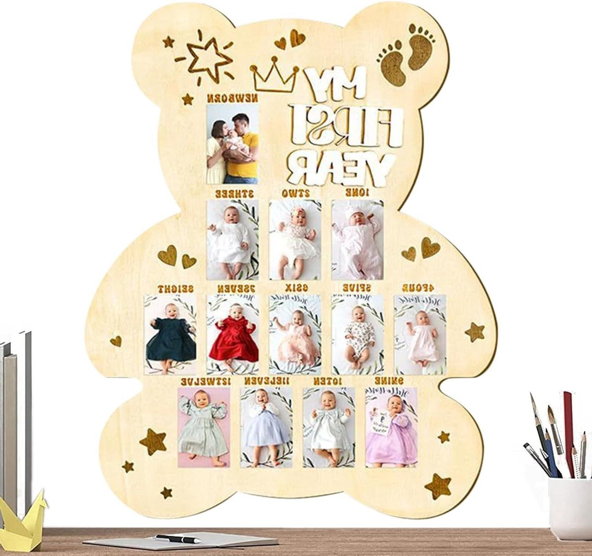 Baby Fotobord Houten Fotolijst voor de eerste maandelijkse herinneringen van je baby - Houtkleur - 46 x 36 cm