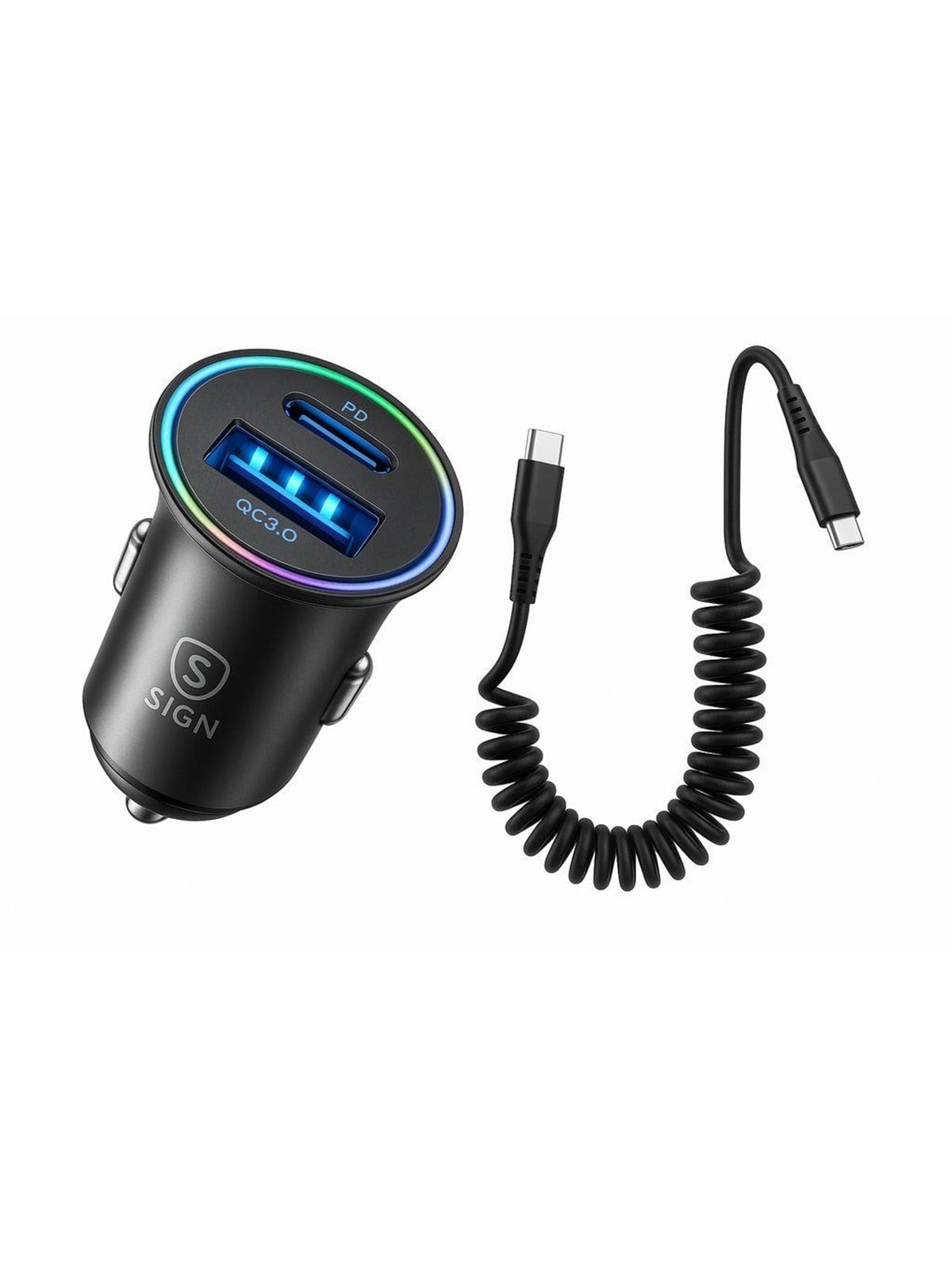 SiGN 60W Car Charger with Coiled USB-C to USB-C Cable - Black