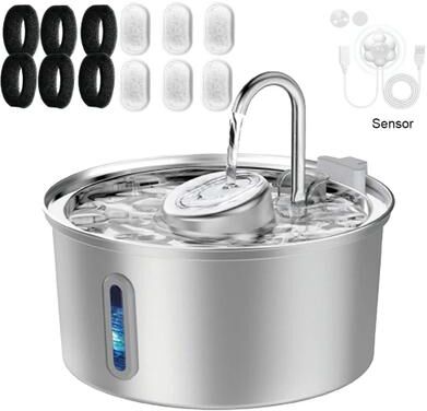 Inspired Living 3.2L Stainless Steel Pet Fountain With Visible Water Window water + 6chips + Sensor