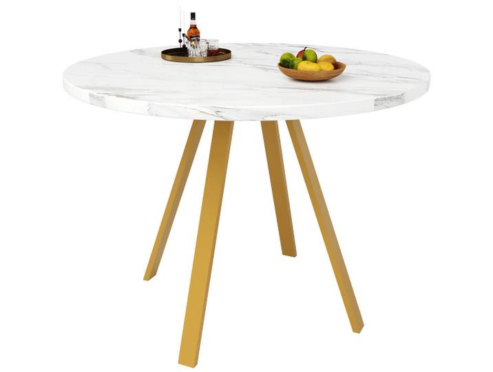 Redom Esstisch, MDF-Tischplatte in Marmoroptik & Metallgestell, 80/80/75 cm, Weiß/Gold, 80x75x80 cm, Esszimmer, Esstische