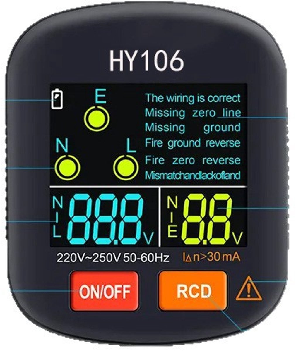 Stopcontact Tester met LCD Scherm voor Spanning en Aardlek Controle, Zwart