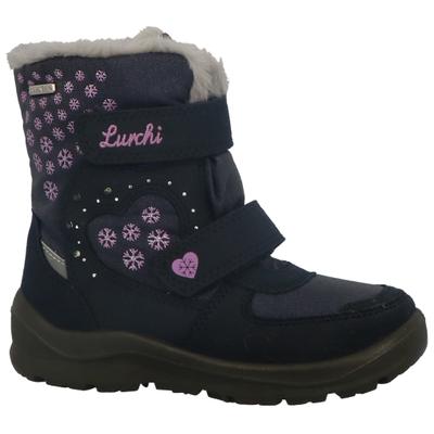 Winterboots LURCHI "Kimiko SYMPATEX, Blinkschuh", Mädchen, Gr. 31, bunt (dunkelblau, lila), Lederimitat, Textil, Glitzer, Schuhe Winterboots, Boots mit Schneeflocken Print, Größenschablone zum Download