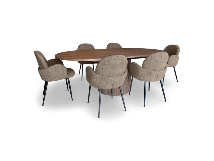 Ensemble table extensible ovale et 6 fauteuils en tweed tabac