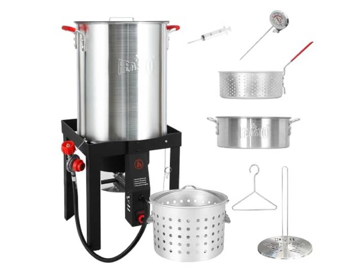 FEASTO Truthahn-Fritteuse aus Aluminium mit Korb und 10 QT Fischfritteusen-Set, 50.000 BTU Propangasbrenner für den Außenbereich, CSA-zertifiziert, automatische Zündung, 10 PSI Regler und Schlauch