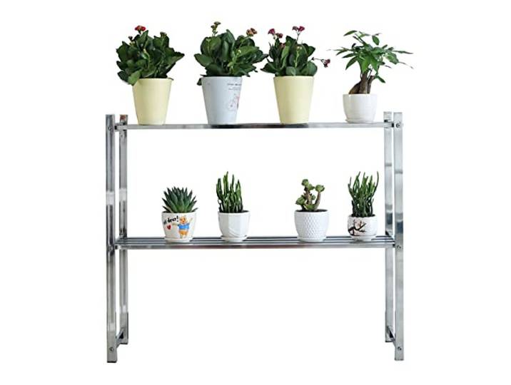 2-stufiges Blumenregal aus Edelstahl für Pflanzen, Terrasse, stehende Blumen-Ausstellungsregale, Standregal, Garten-Lagerregal für Außenbalkon, dekoratives Regal, strapazierfähig, max. 100 k