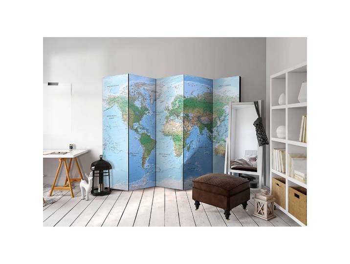 Paravent World Map 5 élém. Intissé en pin massif, naturel Bleu 225 x 172cm