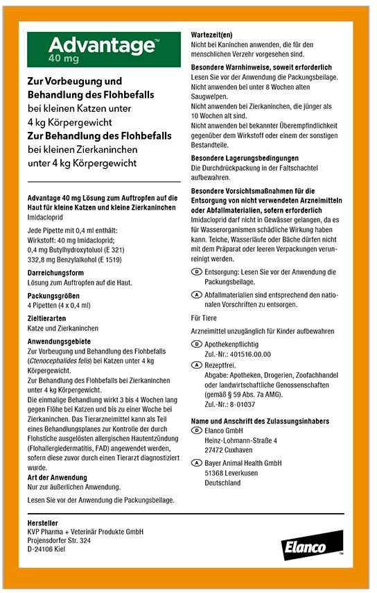 Advantage 40 mg Lsg.f.kl.Katzen/kl.Zierkaninchen 4x0,4 ml Lösung